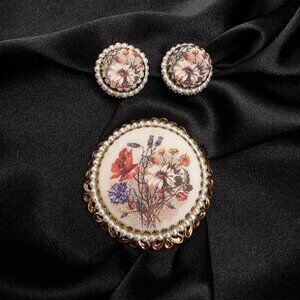 Vintage 1960s-1970s WEST GERMANY Signed Floral Brooch & Clip-On Earrings Set